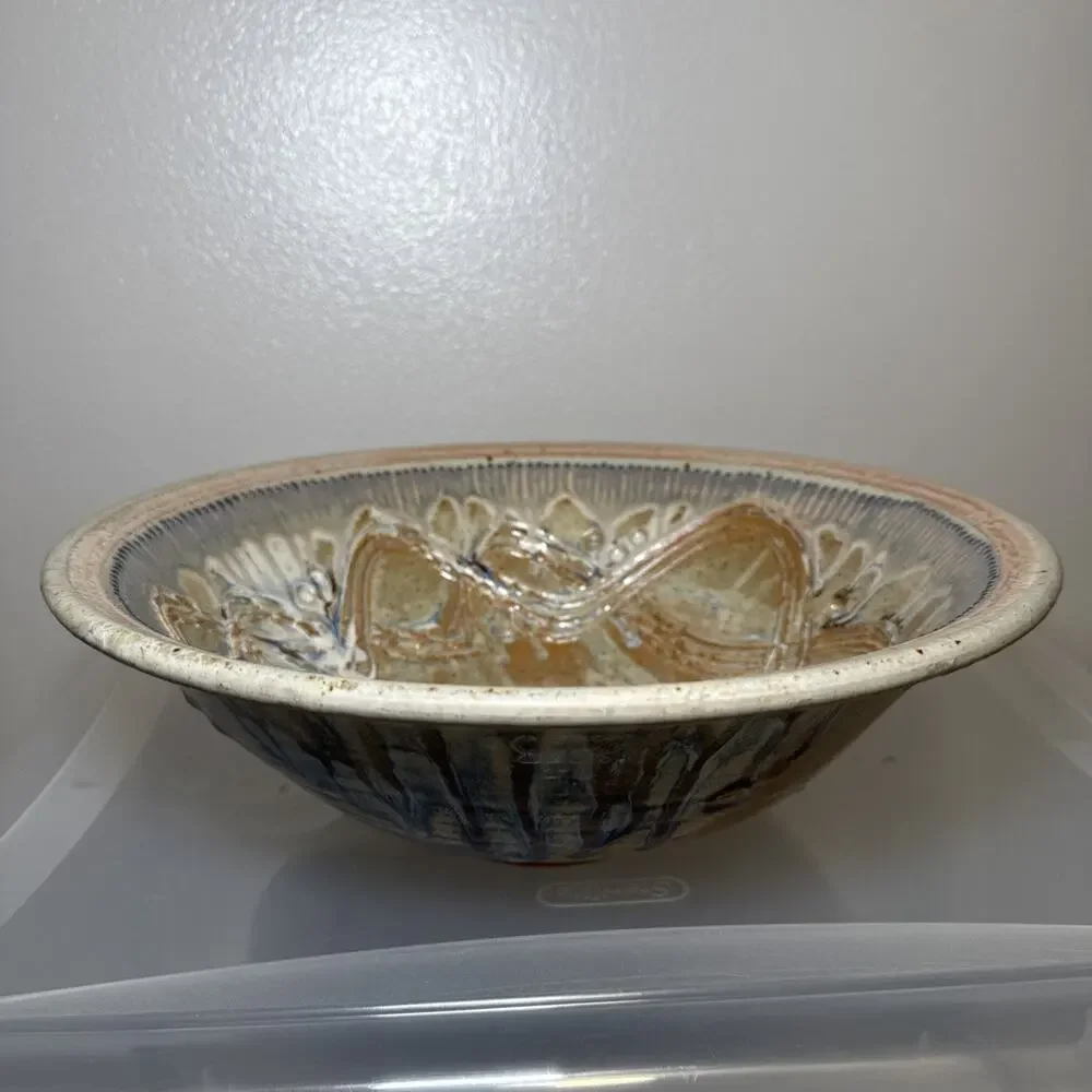 Julie Perry Signed Pottery Large Clay Bowl Tan Blue Glaze Celebrate the Wonder